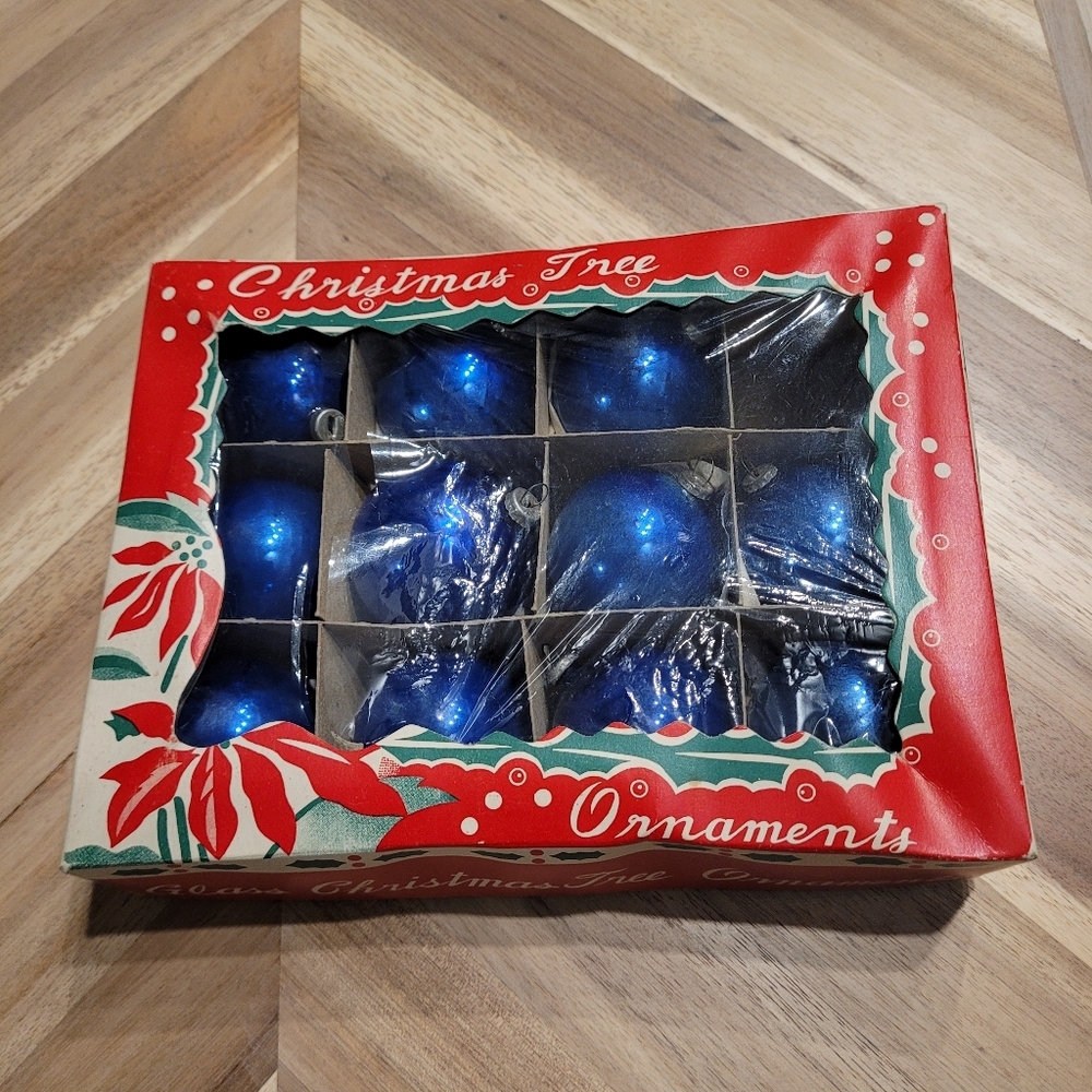 Vintage Blue Mercury Glass Christmas Ornaments Balls Baubles Made in Japan